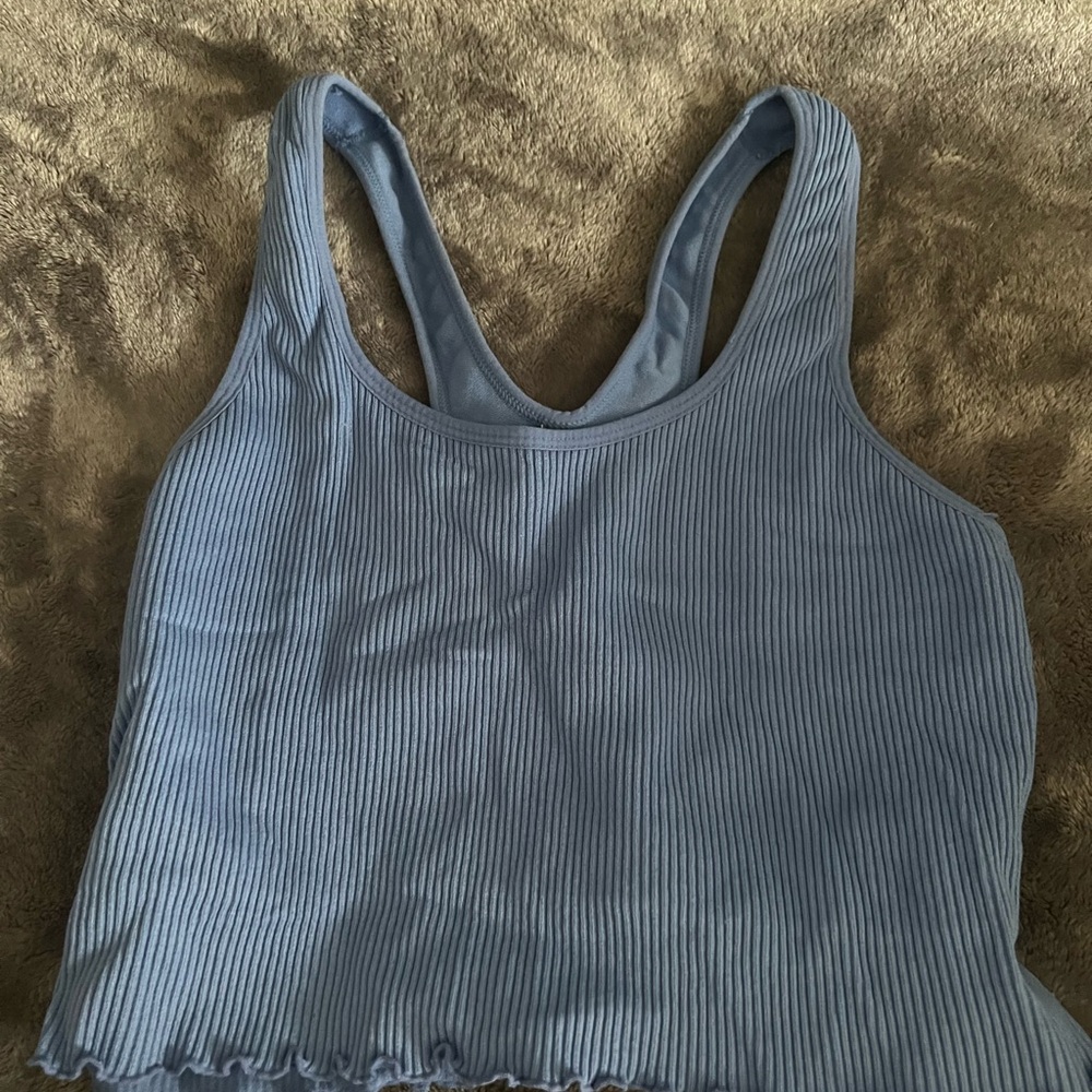 Blue Ribbed Women's Athletic Tank Top